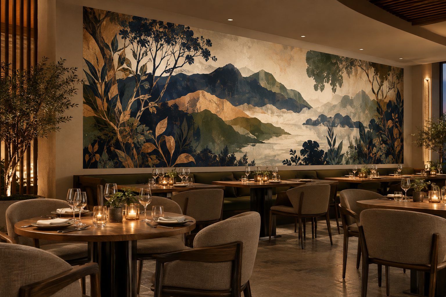 Visualisation d’un décor mural botanique dans un restaurant